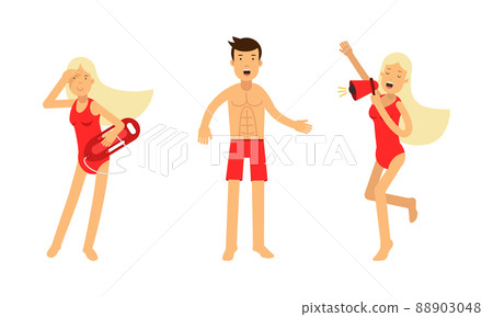Beach lifeguards in red swimwear set. Man and woman rofessional rescuers at the beach vector illustration Beach lifeguards in red swimwear set. Man and woman rofessional rescuers at the beach vector illustration 88903048