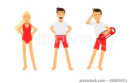 Lifeguards in red uniform set. Professional rescuers working at the beach vector illustration 88903053