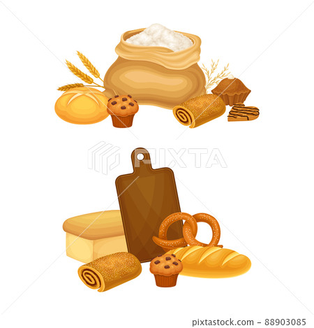 Bakery products set. Sack of wheat, wheat bread and pastries, bakery shop assortment vector illustration Bakery products set. Sack of wheat, wheat bread and pastries, bakery shop assortment vector illustration 88903085