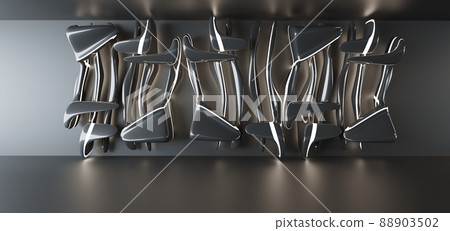 Luxury parametric abstract architectural minimalistic background. Contemporary showroom. Modern black exhibition tunnel. Empty gallery. Stand, table. Interior backlight. 3D illustration and rendering. 88903502