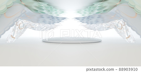 Luxury parametric abstract architectural minimalistic background. Contemporary showroom. Modern colored glass exhibition tunnel. Empty gallery. Backlight. 3D illustration and rendering. 88903910