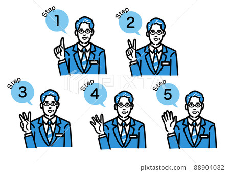 A set of middle-aged men wearing glasses wearing a suit with a badge explaining the process 88904082