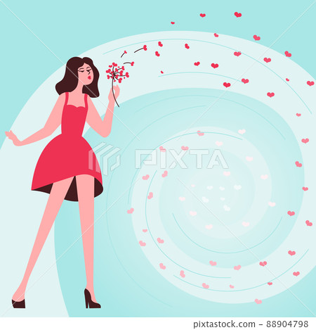 Woman carrying bunch of lovely flowers circulating in spiral representing peaceful weekends holidays. Lady blowing blossoms displays peacful circle of hearts. Woman carrying bunch of lovely flowers circulating in spiral representing peaceful weekends holidays. Lady blowing blossoms displays peacful circle of hearts. 88904798