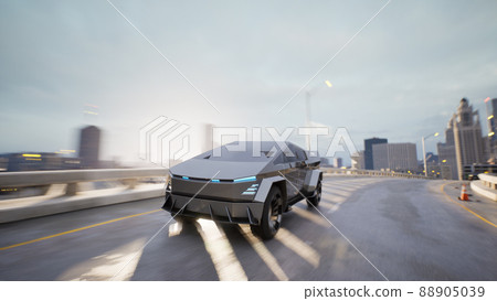 Futuristic electric vehicle with cyberpunk style on the road, 3d render Futuristic electric vehicle with cyberpunk style on the road, 3d render 88905039