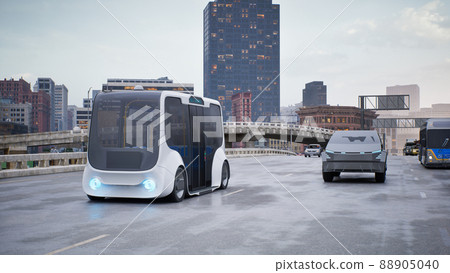 Autonomous electric bus self driving on street, Smart vehicle technology concept, 3d render Autonomous electric bus self driving on street, Smart vehicle technology concept, 3d render 88905040