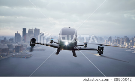 Autonomous driverless aerial vehicle fly across city, 3d render Autonomous driverless aerial vehicle fly across city, 3d render 88905042