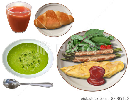 Breakfast, vegetable soup, bread, omelet Breakfast, vegetable soup, bread, omelet 88905120