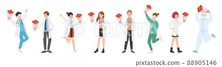 Male and female team of paramedics or doctors or scientists or medical specialists, mother's day with carnations, thank mother 88905146