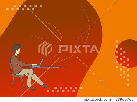 Person sitting desk using computer working towards reaching goals successfully. Human sits table having laptop accomplishing creative projects plans achieving success. 88906763
