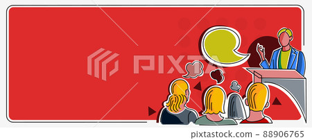 Person holding speech presentation in front public displaying newest project strategies building stable economy. Human displaying innovative thinking accomplishing goals. 88906765