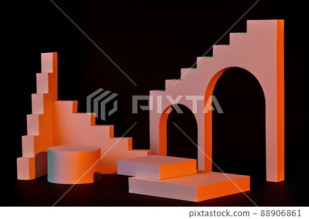 Product showcase podium mockup of coral geometric shapes on black background 88906861