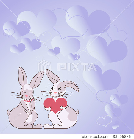 Two rabbits with heart shaped gifts with heartful background demonstrate couples exchanging offerings. Bunnies represent passionate lovers with lovely presents. 88906886