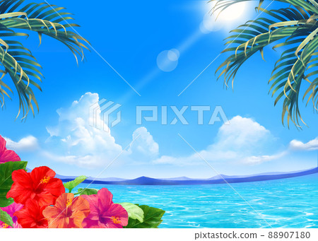 Summer fashionable frame background material with palm trees and hibiscus blooming along the beautiful sea under the blue sky where the sun shines 88907180