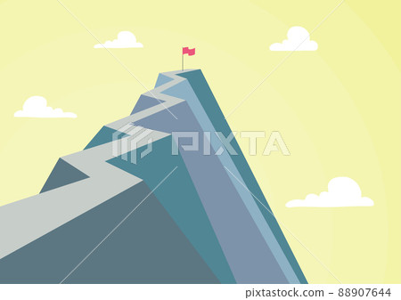 Mountain showing high road symbolizing reaching goals successfully. Tall hill presenting flag defining accomplishing creative projects plans achieving success. 88907644