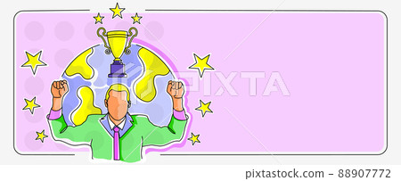 Businessman in suit surrounded with stars globe background cheering reaching project success financial stability. Man celebrating successful goal achievement. Businessman in suit surrounded with stars globe background cheering reaching project success financial stability. Man celebrating successful goal achievement. 88907772