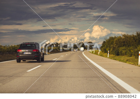 car driving on the highway to the horizon, Highway D1, Czech republic 88908042