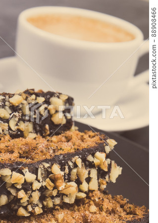 Fresh baked pastry made of zucchini and cup of coffee. Delicious dessert 88908466