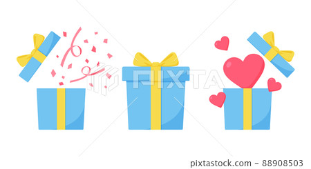禮品盒的插圖 五彩紙屑，心，絲帶 禮物和紀念日的圖像 藍色和黃色 88908503