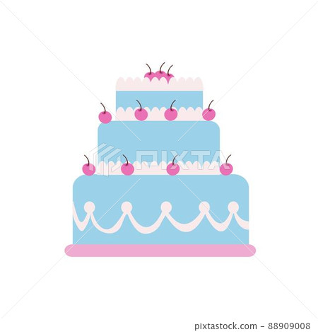 Three-tiered cake with fresh cherries. On a pink tray. Color image on a white background. Doodle. 88909008