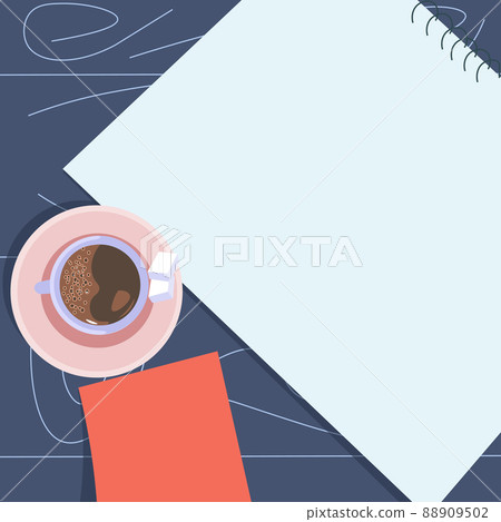 Coffee cup sitting on desk with notebook representing relaxed working space ability for improvement. Notepad placed on table shows successful routine achieving goals. 88909502