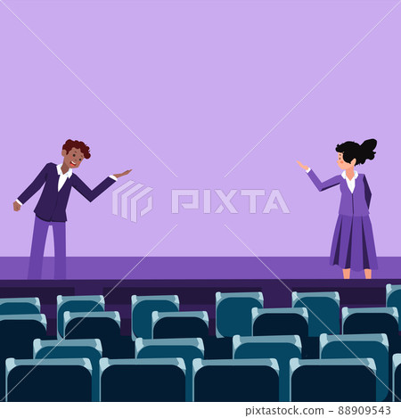 Professional corporate leaders wearing formal attire give talk speech. Role model colleagues public speaking orientation stage. Male and female debate stage. Professional corporate leaders wearing formal attire give talk speech. Role model colleagues public speaking orientation stage. Male and female debate stage. 88909543
