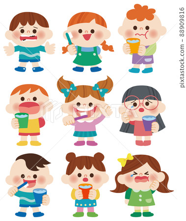 有蛀牙的孩子和刷牙的孩子的插圖 88909816