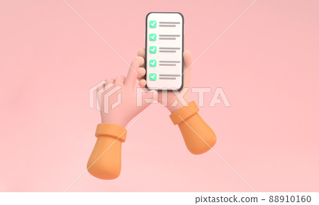 Checklist on smartphone screen. Online survey concept. Hand holds mobile phone and check list. Checklist on smartphone screen. Online survey concept. Hand holds mobile phone and check list. 88910160