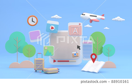 Computer screen showing icons about travel pictures and trees in the background. Suitcases and maps Computer screen showing icons about travel pictures and trees in the background. Suitcases and maps 88910161