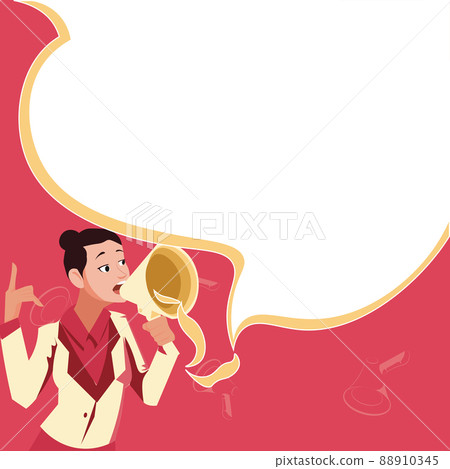 Female leader making statement. Woman wearing formal attire holds megaphone giant speech balloon. Lady expressing success and encouragement. Activist protesting. 88910345