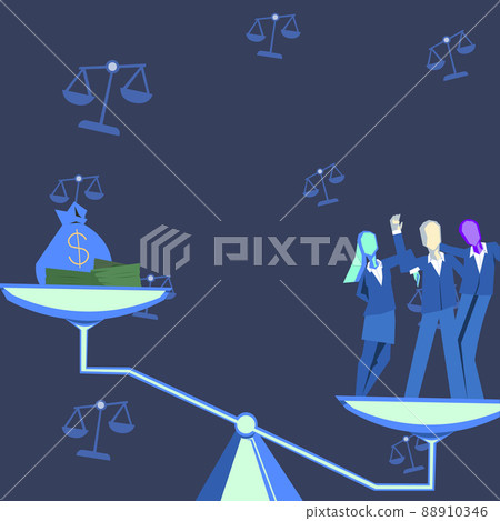 Weight scale presenting workers value over money. Colleagues achieving teamwork accomplishing successful financial gain. Partners displaying combined effort. 88910346