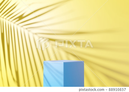 Blue podium and palm leaf shadow on yellow abstract background. Blue podium and palm leaf shadow on yellow abstract background. 88910837