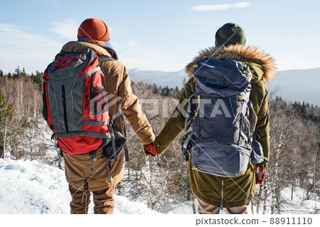 Rear view of young couple standing on mountain top on winter day holding hands enjoying picturesque view 88911110