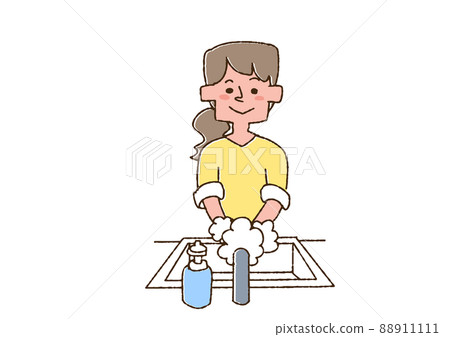 A woman washing her hands with soap, a comical handwritten person, vector, line drawing and color 88911111