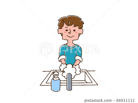 A boy washing his hands with soap, a comical handwritten person, vector, line drawing and color A boy washing his hands with soap, a comical handwritten person, vector, line drawing and color 88911112
