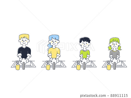 A set of people washing their hands with soap, a comical handwritten person vector, color on a line drawing 88911115