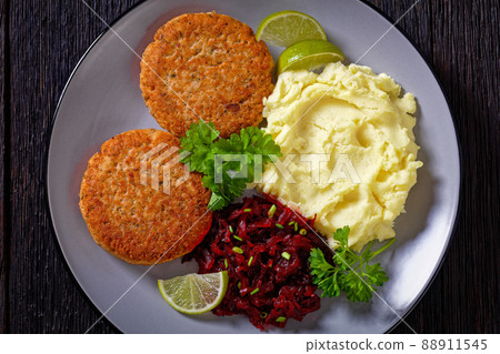 salmon patty with potato mash and beetroot salad salmon patty with potato mash and beetroot salad 88911545