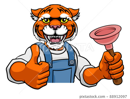 Tiger Plumber Cartoon Mascot Holding Plunger Tiger Plumber Cartoon Mascot Holding Plunger 88912097