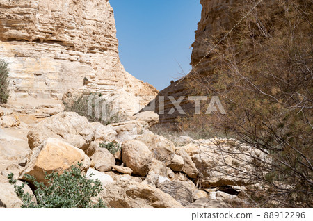 Trail head of the Canyon of Ein Avdat National Park, oasis in the Negev Desert, Southern Israel, Text is Trail head of the Canyon of Ein Avdat National Park, oasis in the Negev Desert, Southern Israel, Text is 88912296
