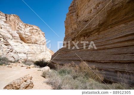 Trail head of the Canyon of Ein Avdat National Park, oasis in the Negev Desert, Southern Israel, Text is Trail head of the Canyon of Ein Avdat National Park, oasis in the Negev Desert, Southern Israel, Text is 88912305