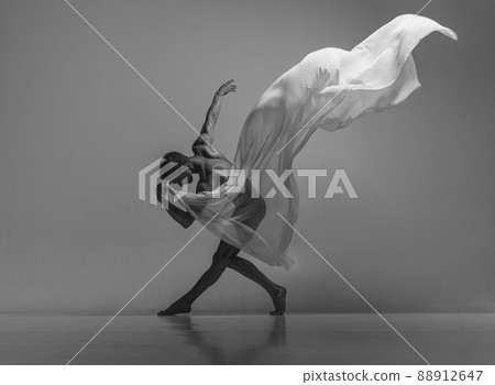 Art and beauty of male body. Black and white portrait of graceful muscled male ballet dancer dancing with fabric, cloth isolated on grey studio background. Art and beauty of male body. Black and white portrait of graceful muscled male ballet dancer dancing with fabric, cloth isolated on grey studio background. 88912647