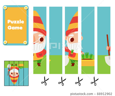 Garden dwarf. Educational Puzzle for toddlers. Match pieces and complete the picture. Seasonal Game for children 88912902