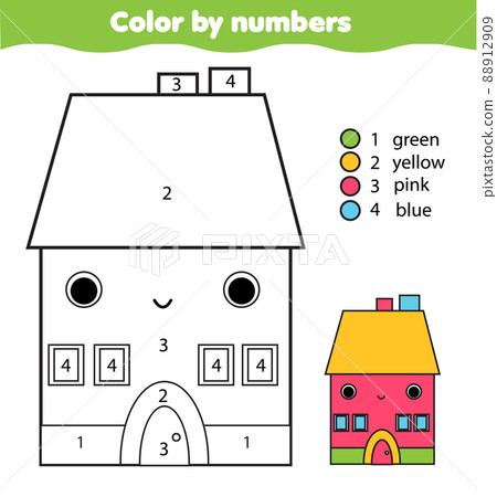 Cute house color by numbers educational game for elementary level kids, toddlers. coloring page for pre school children. Cute house color by numbers educational game for elementary level kids, toddlers. coloring page for pre school children. 88912909