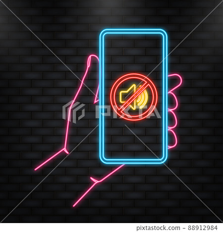 Neon Icon. Hand holds phone with no sound sign on screen on darck background. Vector illustration Neon Icon. Hand holds phone with no sound sign on screen on darck background. Vector illustration 88912984