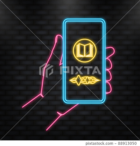 Neon Icon. Hand holds phone with record podcast on screen on yellow background. Vector illustration Neon Icon. Hand holds phone with record podcast on screen on yellow background. Vector illustration 88913050