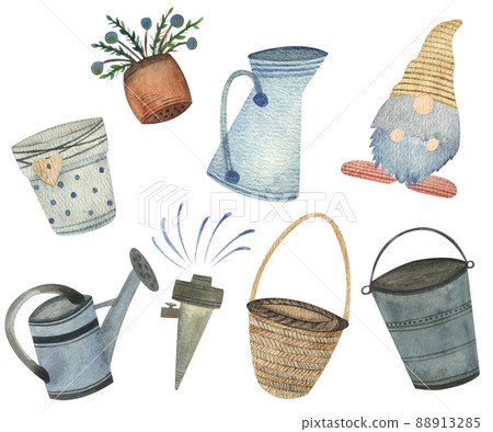 Watercolor set of garden decor illustrations clipart with ghome, pots, watering cans 88913285