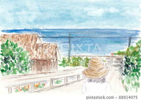 女人在斜坡上行走,可以看到海景 1 女人在斜坡上行走,可以看到海景 1 88914075