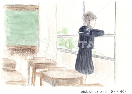 從教室窗戶向外看的女孩 88914081