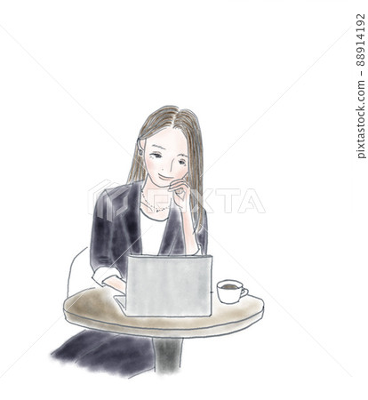 一個穿著西裝的女人戴著臉頰棒看著電腦 88914192