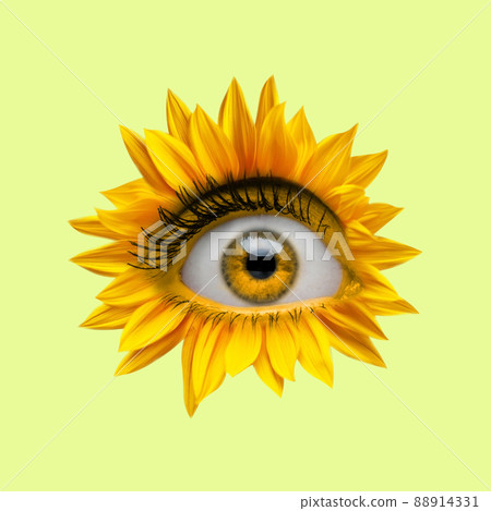 Yellow camomile flower with an eye inside it on bright background. Modern design. Contemporary art. Creative collage. Beauty, art, vision, fashion 88914331