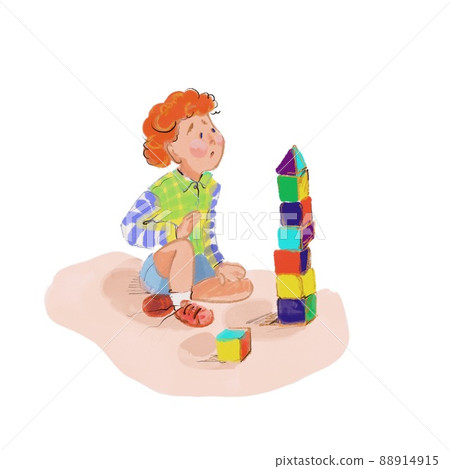 Boy playing with cubes stands a tower, watercolour vintage style. 88914915